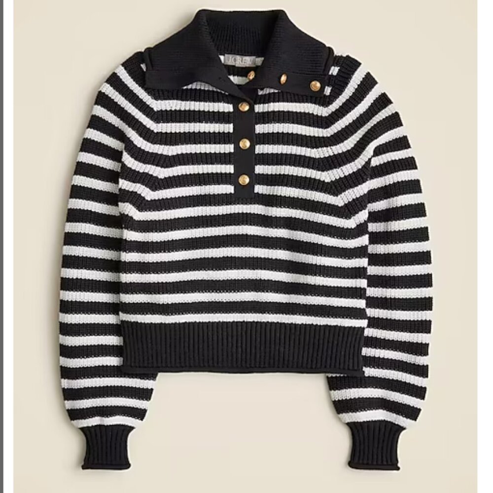 NWT JCREW Ribbed cotton button-collar sweater in stripe Black / Ivory